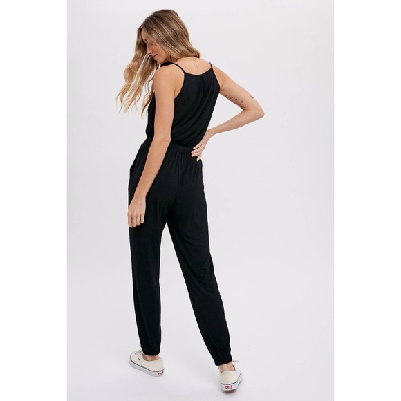 Surplice Black Jersey Jumpsuit - Picture 3 of 3